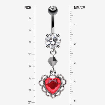 Detail View 1 of Victorian Goth Lace Heart Sparkle Dangle Belly Button Ring-Hematite/Clear Gem/Red